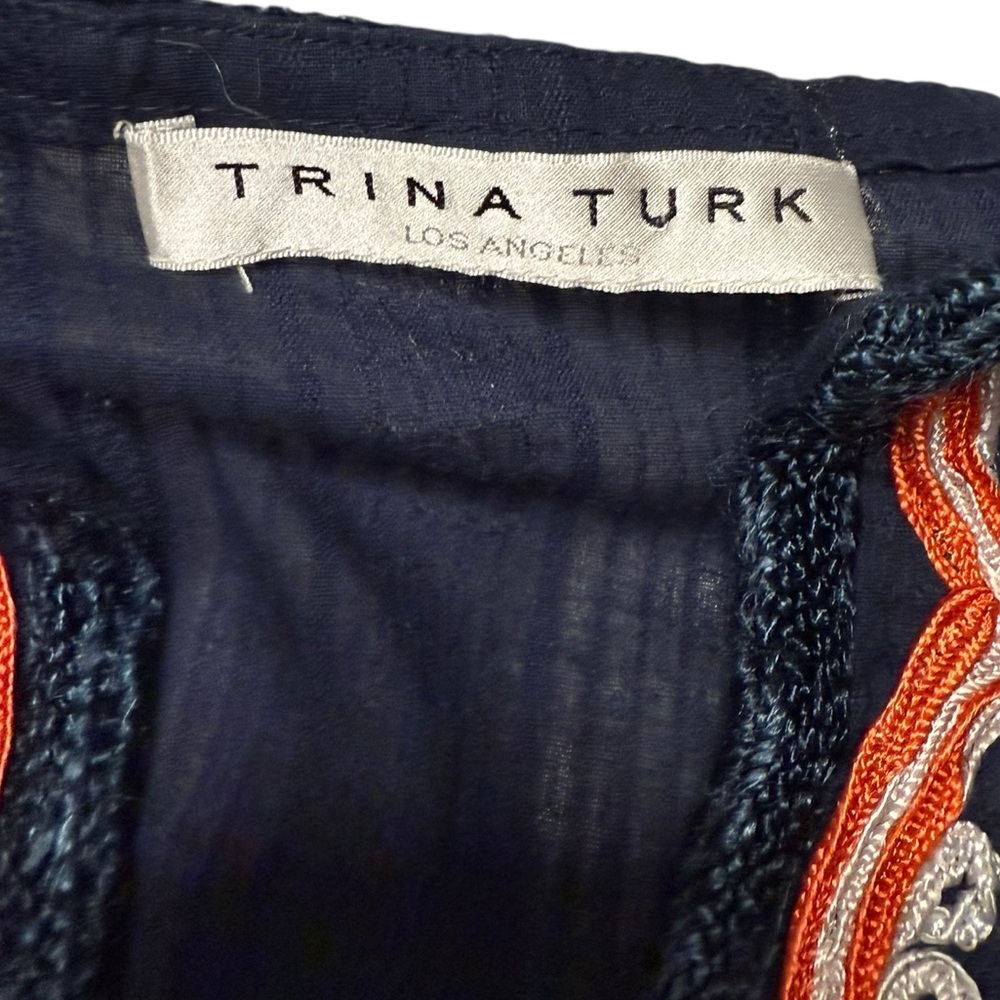 Trina Turk Navy Blue Woven Embroidered V-Neck Long Sleeves Cotton Tunic Sz L - Picture 8 of 11